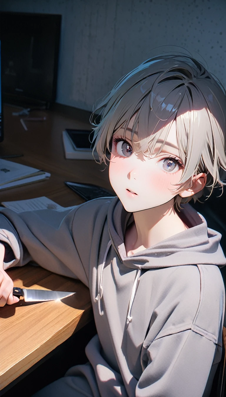 (8K, RAW photos, best quality, masterpiece: 1.4), (((The boy sits at the desk)))，Ultra-high resolution, Extremely detailed, light, Upper body close-up, handsome boy, black eyes, (delicate eyes, Eyes are bright:1.2), Gray short hair, Fair skin,dark, Grey sweatshirt, sweatshirt with hood,(perfect ???????:1.2), High-quality shadows, Natural Lighting, (White highlights:1.2), night, cloudy day, (at home:1.2), (Boning knife in hand:1.2)