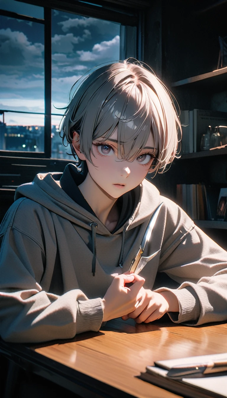 (8K, RAW photos, best quality, masterpiece: 1.4), (((The boy sits at the desk))),Ultra-high resolution, Extremely detailed, light, Upper body close-up, handsome boy, black eyes, (delicate eyes, Eyes are bright:1.2), Gray short hair, Fair skin,dark, Grey sweatshirt, sweatshirt with hood,(perfect anatomy:1.2), High-quality shadows, Natural Lighting, (White highlights:1.2), night, cloudy day, (at home:1.2), (Boning knife in hand:1.2)