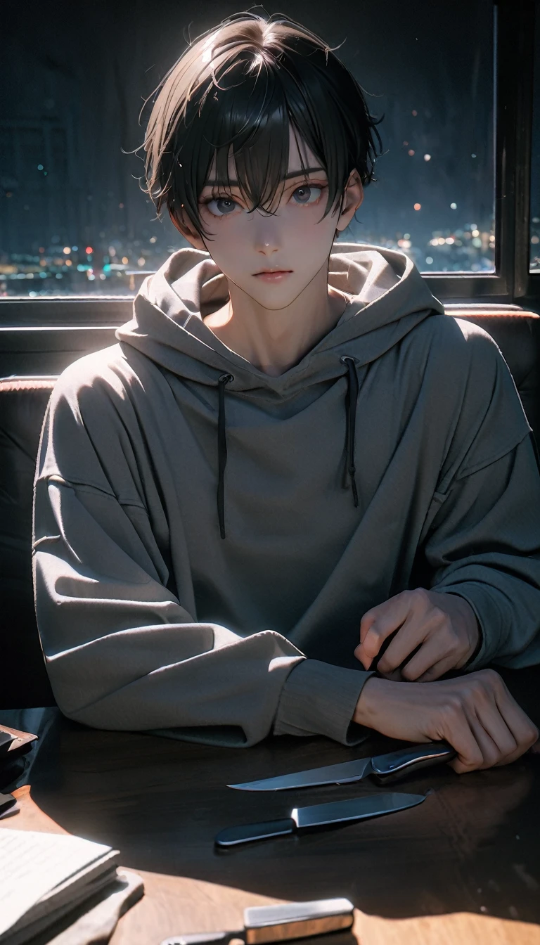 (8K, RAW photos, best quality, masterpiece: 1.4), (((The boy sits at the desk)))，Ultra-high resolution, Extremely detailed, light, Upper body close-up, handsome boy, black eyes, (delicate eyes, Eyes are bright:1.2), Gray short hair, Fair skin,dark, Grey sweatshirt, sweatshirt with hood,(perfect anatomy:1.2), High-quality shadows, Natural Lighting, (White highlights:1.2), night, cloudy day, (at home:1.2), (Boning knife in hand:1.2)