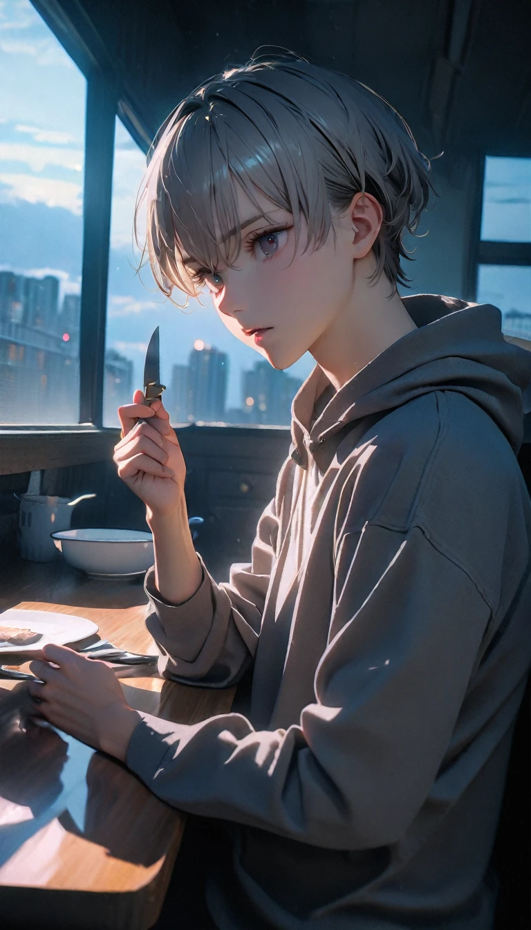 (8K, RAW photos, best quality, masterpiece: 1.4), (((The boy sits at the desk))),Ultra-high resolution, Extremely detailed, light, Upper body close-up, handsome boy, black eyes, (delicate eyes, Eyes are bright:1.2), Gray short hair, Fair skin,dark, Grey sweatshirt, sweatshirt with hood,(perfect anatomy:1.2), High-quality shadows, Natural Lighting, (White highlights:1.2), night, cloudy day, (at home:1.2), (Boning knife in hand:1.2)