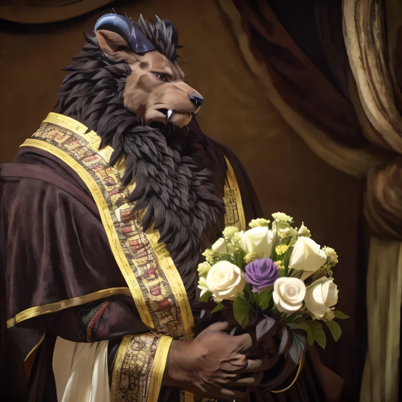  (Highest quality, 32K High Resolution:1.2, Very detailed, Realistic, photoRealistic, masterpiece,), Official Art, Full Body View, male, good looking, Majestic Beast, Dark sienna brown fur, Black Mane, Leonhard, Muscular body, Crimson Eyes, Serious look , Small ears, Curved black horns, Long upper jaw crab teeth