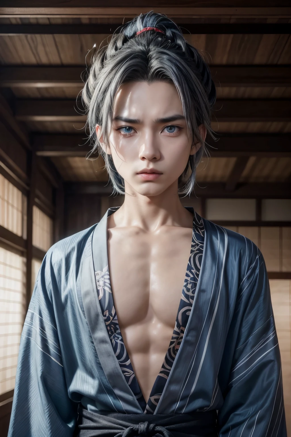 Chico anime in Kimetsu no Yaiba with Haori Azul, defined body, with gray hair layered to the neck, with blue eyes and serious expression