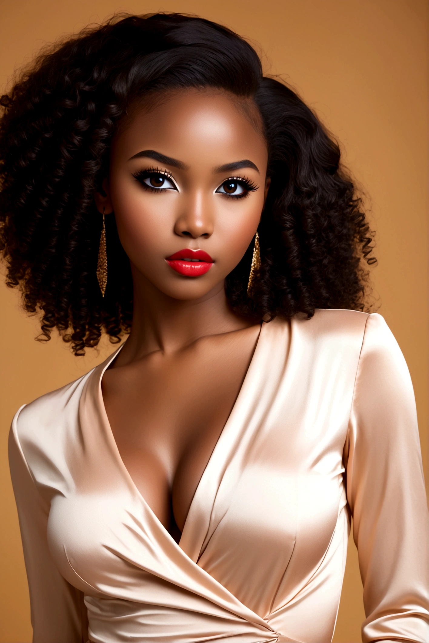 Create an image of a stunningly gorgeous beautiful African ager, long luscious eyelashes, black eyeliner, professional studio makeup, lipstick, natural hair, stunningly gorgeous seductive face, light silky perfect skin, perfect body figure, natural large breast, sexy seductive waist, sexy seductive clothes,