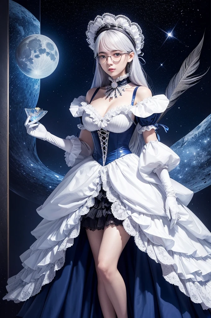 Tobiichi origami an attractive young woman who is tall 1,52 and 56 kg and 19 years old, silver hair and blue eyes, wearing a gothic dress white colored gothic costume elaborated with layers of crystal yellow colored skirts with ruffles, fitted bodice and lace details. Accessories include a wide-brimmed hat adorned with feathers and flowers, plus gloves and high-heeled shoes on her feet, showing off his glasses and the intricate design of the eye. The background must feature a night sky with stars and a large moon that illuminates the character and an illustration of her full body.