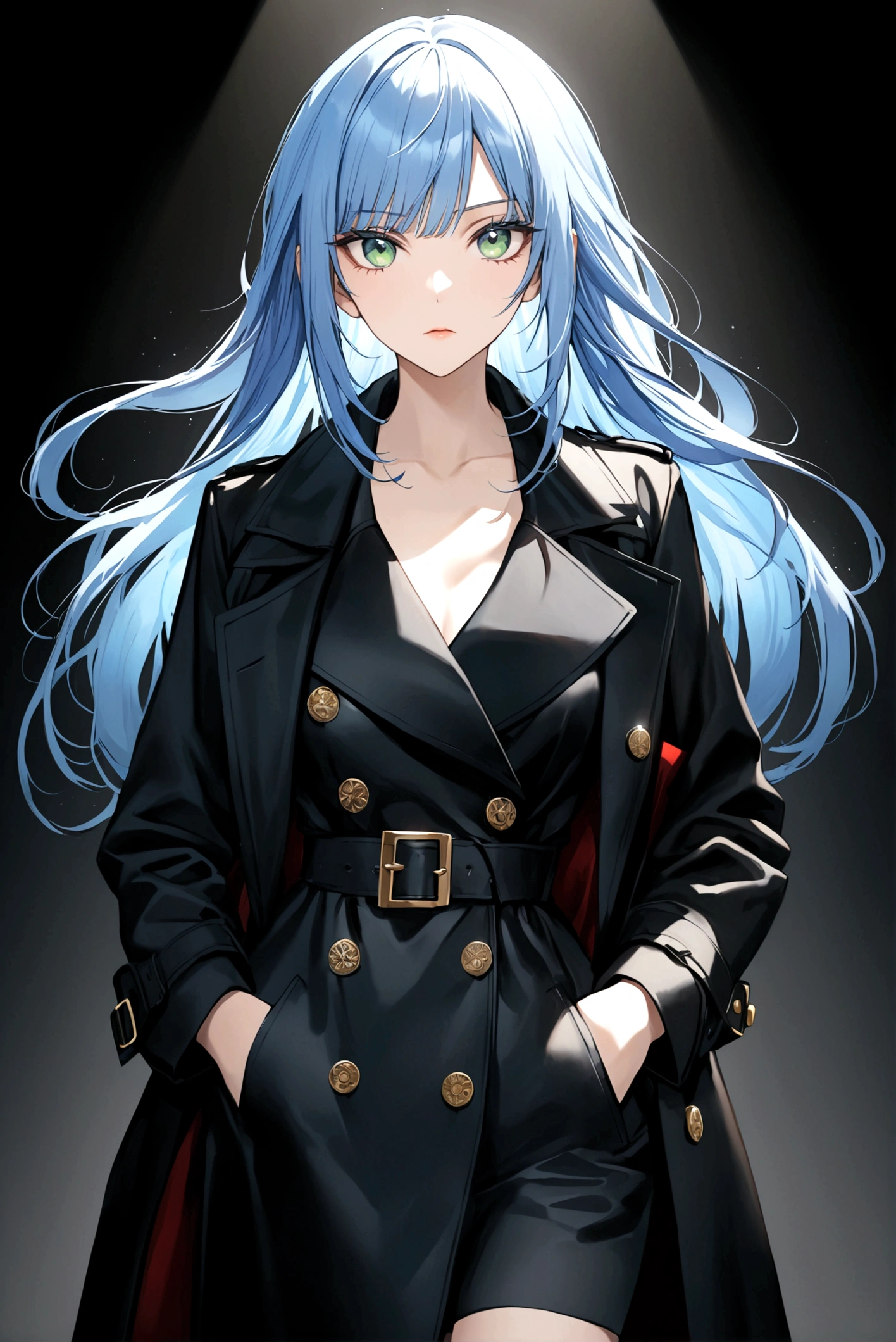 Poker face,Hands in pockets,Exquisite facial features,Blue Hair,Green Eyes,Young women,Black trench coat