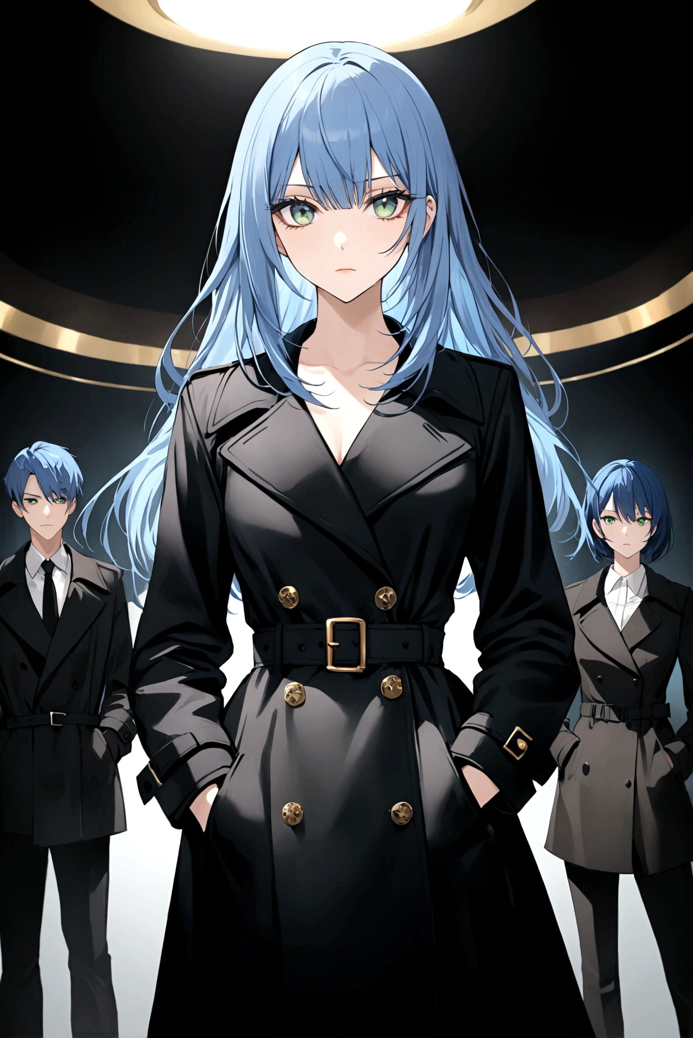 Poker face,Hands in pockets,Exquisite facial features,Blue Hair，Green Eyes，Young women，Black trench coat