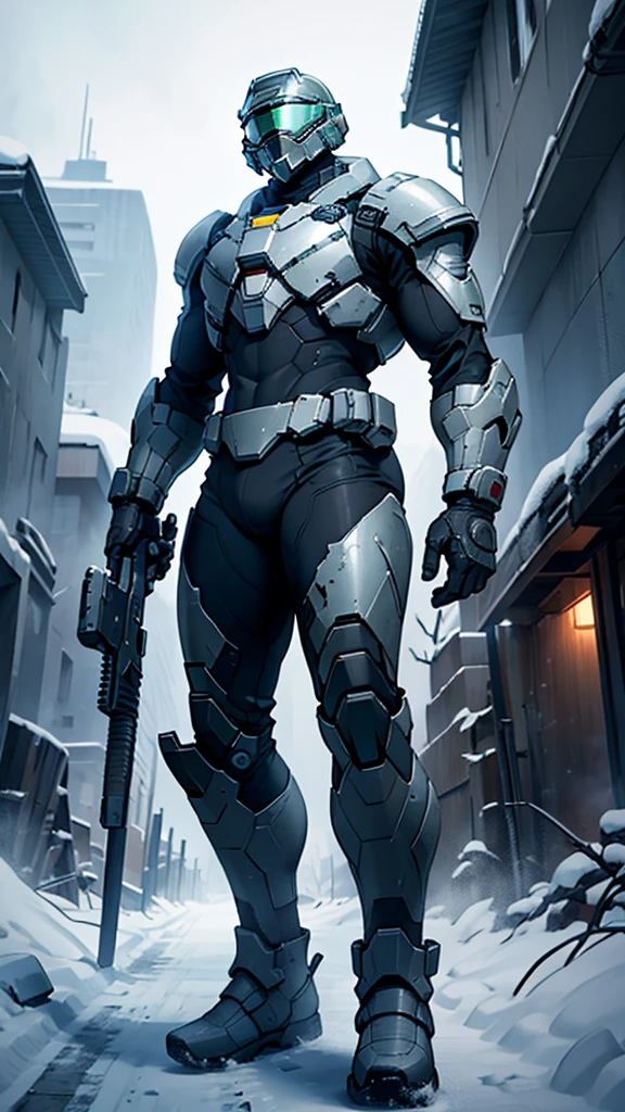 1 person，Full body black tight armor suit，Detailed Master Chief helmet，male，Heavy snow all around，ruins，End of the World