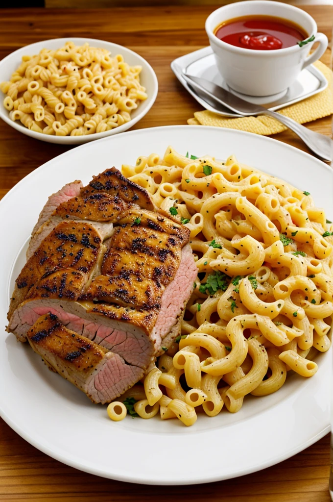 Roast meat with accompaniment: tortillas and macaroni and chirmol