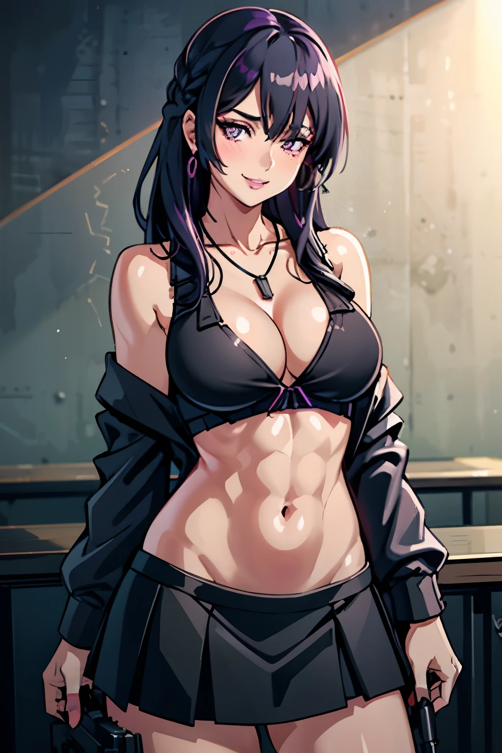 ak15, holding gun, assault rifle, glowing purple eyes, long hair, black hair, blush, lipstick,, masterpiece, best quality, ((unbuttoned , cleavage, necklace, earrings, sexy body, breasts)) , micro skirt, smiling, navel , exposed belly, exposed navel,(nsfw) not safe for work,school, knot, classroom , holding a gun, hold a gun,