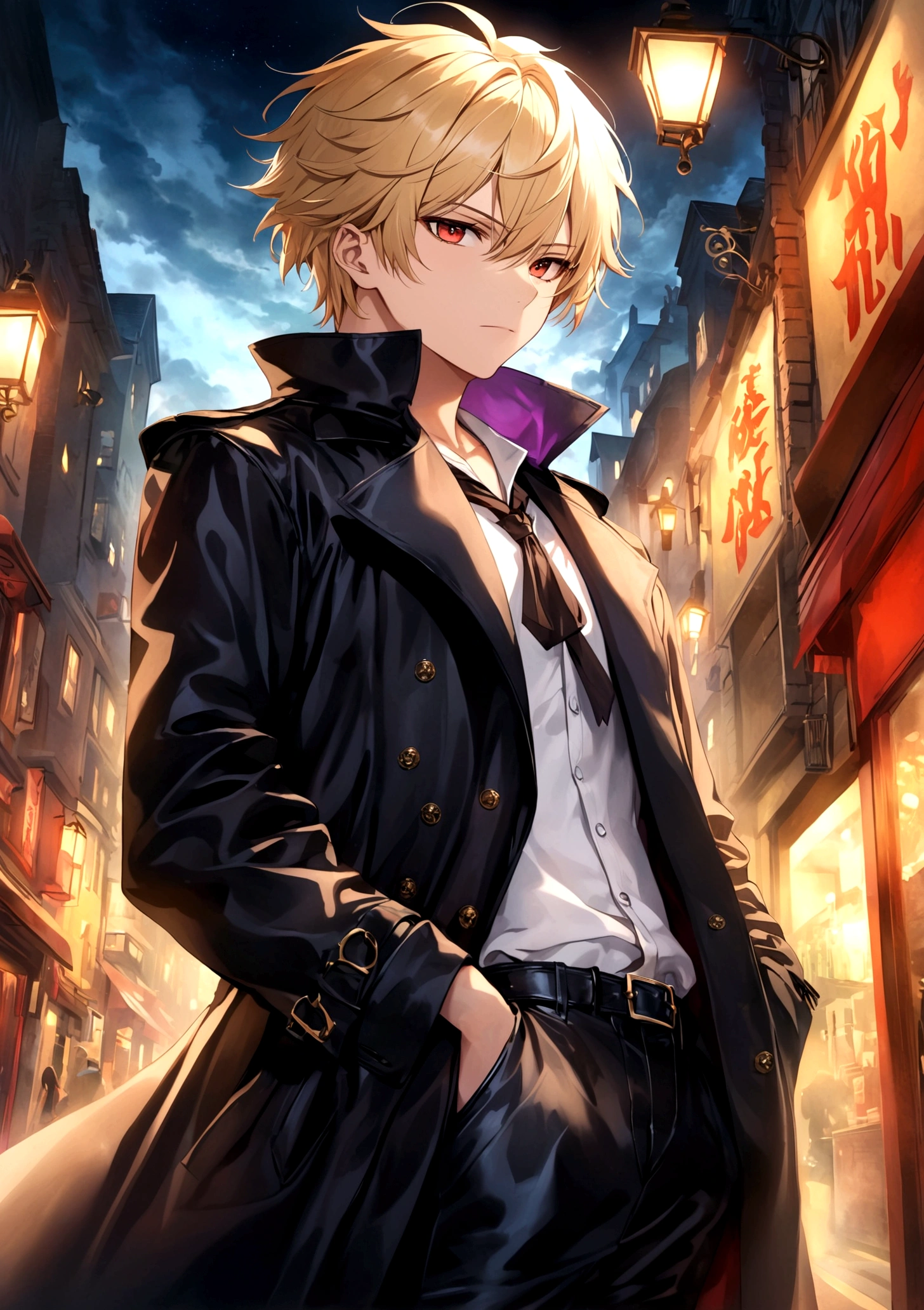 Hands in pockets,Exquisite facial features,blond,Red Eyes,Young male,Black trench coat,一个穿着Black trench coat的孤独身影,Leather texture,Glossy,Intricate details,Under the night sky,City Streets,Illuminated by street lights,Close-up of face,Thoughtful expression,profound gaze,Mysterious atmosphere,High-quality images,Artistic effects,HDR lighting。
