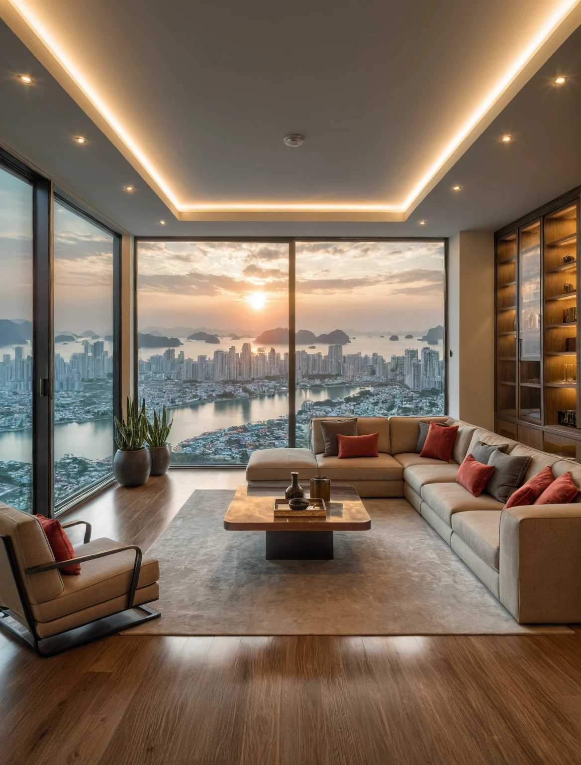 Raw photo,Masterpiece, high quality, best quality, authentic, super detail, interior, livingroom style modern luxury, sunset, day light, sofa, tea table, carpet, flower vase on tea table, wine bottle, tray, armchair, wine cabinet, books, glass cabinet doors, snake plant pot, halong bay view window, downlight