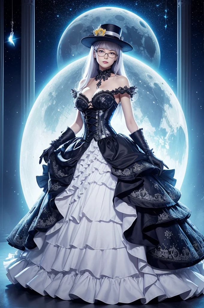 Tobiichi origami an attractive young woman who is tall 1,52 and 56 kg and 19 years old, silver hair and blue eyes, wearing a gothic dress white colored gothic costume elaborated with layers of crystal yellow colored skirts with ruffles, fitted bodice and lace details. Accessories include a wide-brimmed hat adorned with feathers and flowers, plus gloves and high-heeled shoes on her feet, showing off his glasses and the intricate design of the eye. The background must feature a night sky with stars and a large moon that illuminates the character and an illustration of her full body.