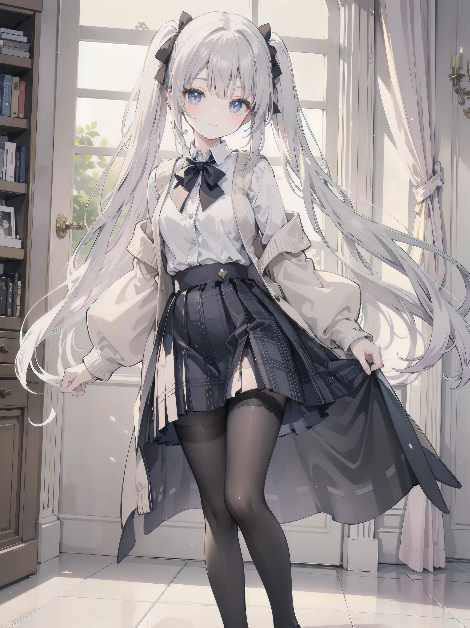 A lavish, photorealistic illustration of Soro, a charming 19th-century maiden, exudes elegance in a masterfully crafted scene. Framed by a ornate, gilded archway, she stands poised, her twintails adorned with sparkling bows, her cardigan vest and short-sleeved shirt perfectly complementing her plaid skirt. Over black legwear, her loafers add a touch of whimsy. A radiant smile spreads across her face, her eyes sparkling like diamonds in the soft, golden light. Every detail, from the intricate lace trim to the delicate folds of her garments, is meticulously rendered by a master illustrator's hand