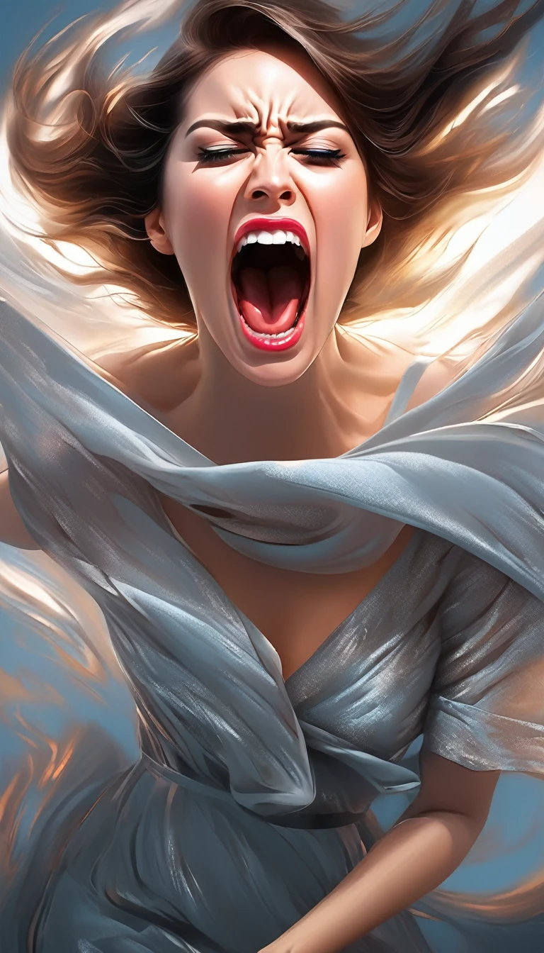 Make the woman in the image as if she was screaming
