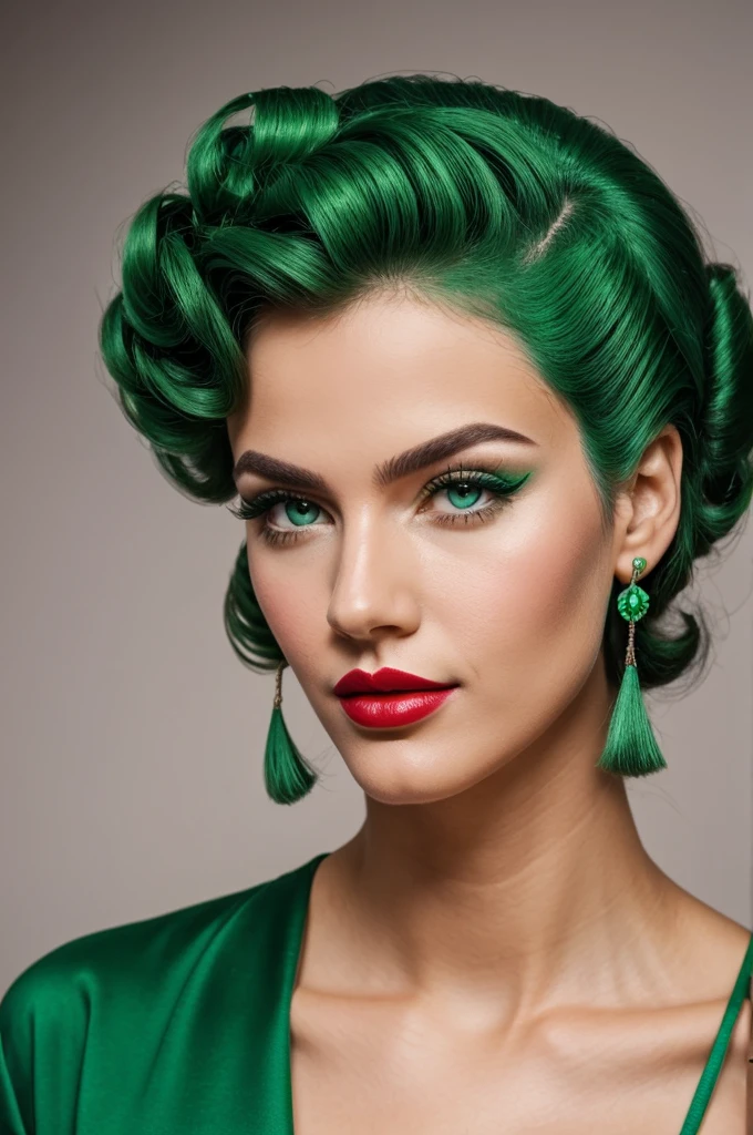 Create a tall boy, moreno, with curlers and green eyes with lipstick