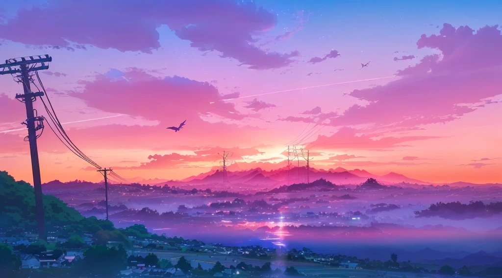 anime landscape with a sunset and a power line, anime landscape wallpaper, anime landscape, anime art wallpaper 4k, anime art wallpaper 4 k, anime art wallpaper 8 k, beautiful anime scenery, beautiful anime scene, anime beautiful peace scene, anime countryside landscape, beautiful art uhd 4 k, anime background art, anime scenery, (birds flying), lagoon, colorful sky and clouds, anime wallpaper 4 k