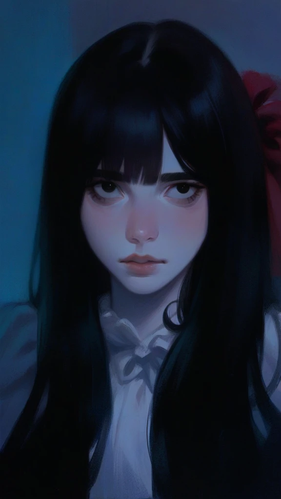 Make me a doll blythe doll real light brunette, with straight black hair, with bangs and black eyes