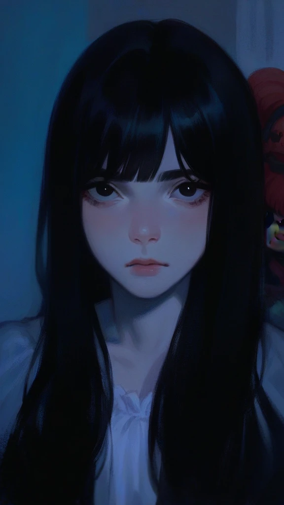 Make me a doll blythe doll real light brunette, with straight black hair, with bangs and black eyes