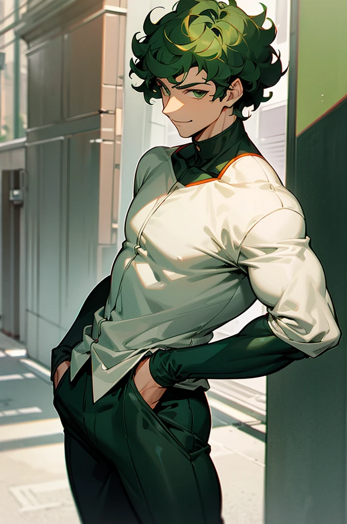 dark green hair, green eyes, smiling, curly hair, mature male, lean build, white shirt, short length hair, on the street, arms in pockets, red and black hero suit
