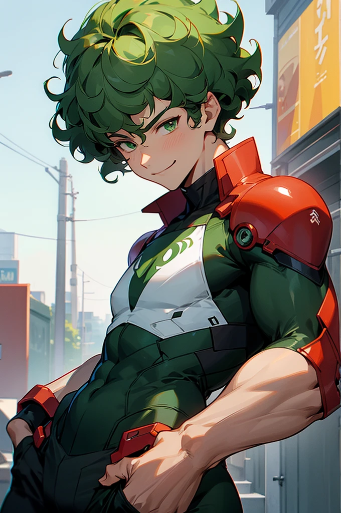 dark green hair, green eyes, smiling, curly hair, mature male, lean build, white shirt, short length hair, on the street, arms in pockets, red and black hero suit