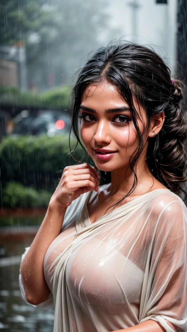 A masterpiece! A stunning Indian girl, her disheveled hair a testament to the torrential rain that surrounds her. Beautiful, detailed eyes sparkle with joy as she gazes directly at the viewer, her long locks tied back in a neat bun. She wears a casual t-shirt, slightly transparent from the wetness, and her medium-round breasts are subtly visible beneath. In a side pose, she revels in the heavy rain shower, her big cheeks flushed with happiness. The street background is a blurred Bokeh, while raindrops glisten on her skin, capturing the essence of a carefree rainy day.rain drops,paid girl , heavy rain, slightly show half nipple , very sexy (conveying love to boy friend) flowers on head