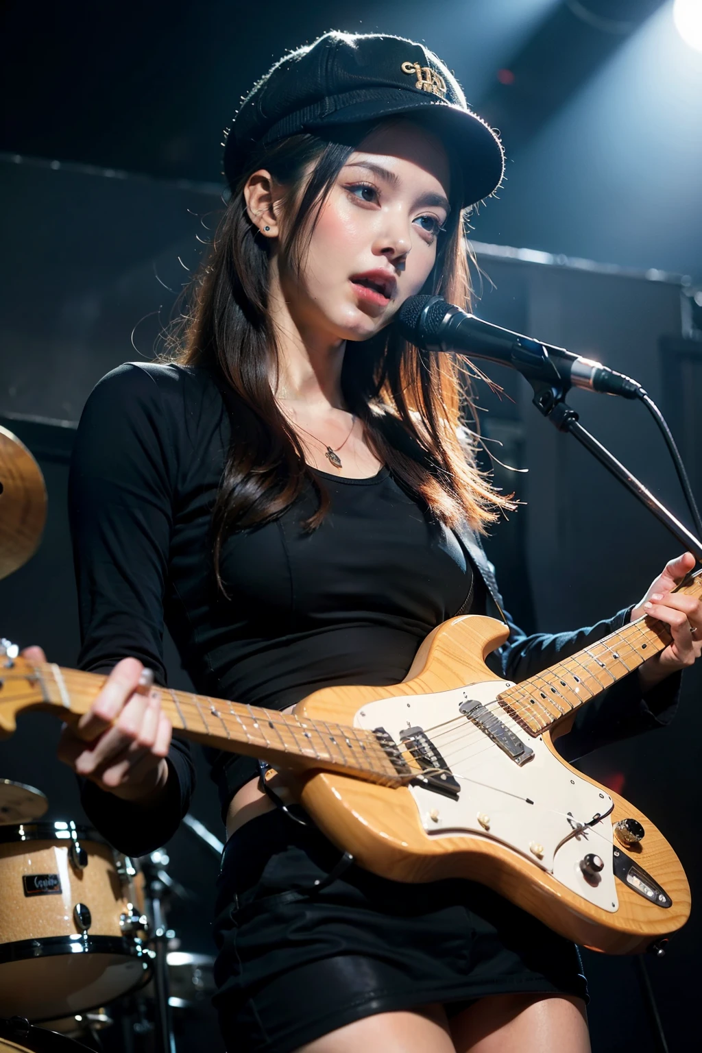 Female rock band wearing hats and holding guitars