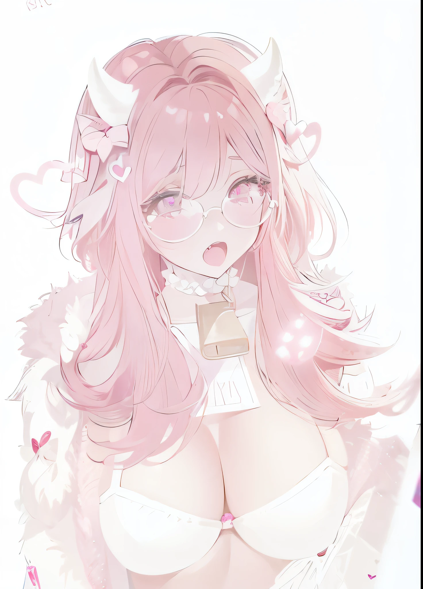 IMVU, pink hair, pink heart eyes, white round glasses, pale skin, white and pink cow ears, white horns with pink bows, fuzzy white jacket with pink spots, pink cowbell choker, kawaii, soft, high quality, masterpiece, 8k