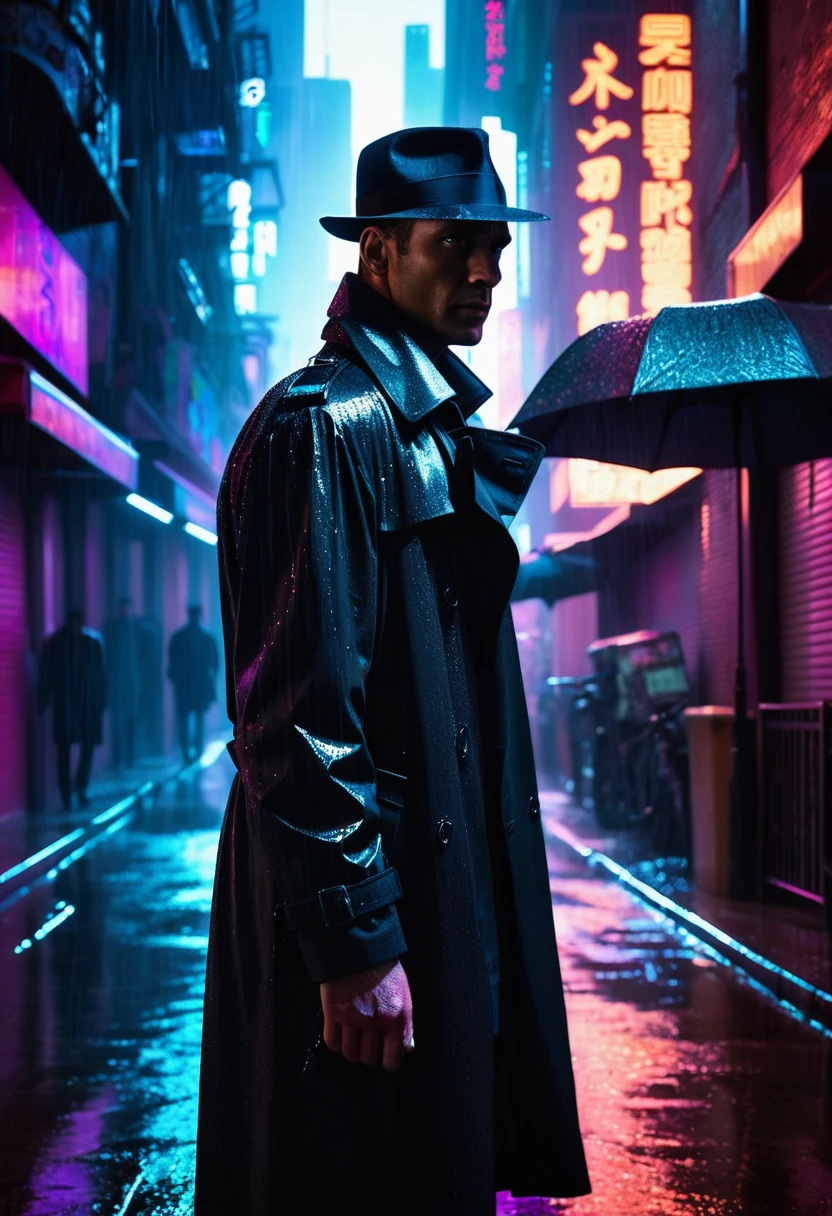A gritty, neo-noir scene featuring a man in a black trench coat, inspired by the cinematic style of Ridley Scott's "Blade Runner." The detective stands under a flickering streetlight in a rain-soaked, neon-lit alleyway. His trench coat billows slightly in the wind, and his face is partially obscured by the shadow of his fedora. The background is filled with towering skyscrapers, holographic advertisements, and the distant glow of the city. Intricate details, vibrant colors, futuristic elements, moody atmosphere.
