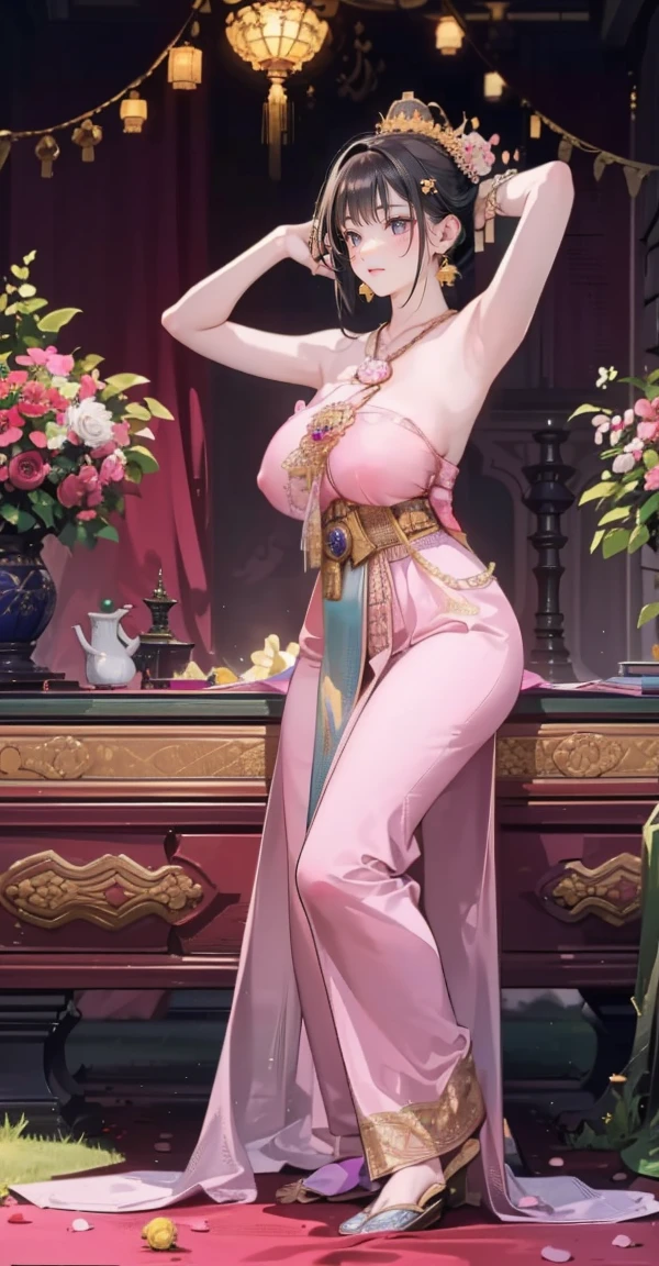 Group of 5 princesses,(5 young women,many young women), (in the bedroom), Various hair styles, harem, Wear a strapless Thai dress....,(very good,no panties) at night, detailed face,Complete breasts,fully, ((big breasts,The cracks are clear..)) long skirt, mule, Sleeveless , Show your armpits, at night, starry at night,(large areolae:1.4,pink,The nipples are clearly visible......),((bare breast:1.37)),((Various positions),(look at the audience.:1.5),milf, Highest quality、Highest picture quality、Masterpiece,, ,(((Umbilical drive,dance,dance,Thai dance))), (Separate outfit showing nipples:1.4)