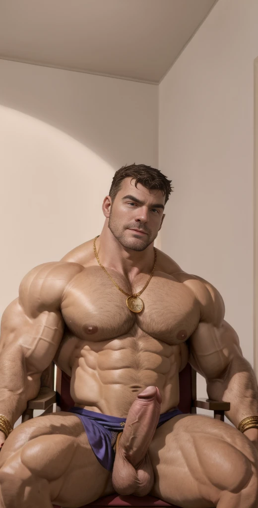 (masterpiece, intricately detailed, highest resolution, best quality:1.2),a cocky Eddie Brock male model,a 40 y.o muscle stud with a muscular physique sitting on a chair, gold bracelets, necklace, armbands, jewelry, flaccid penis,saggy balls,hairy chest,vascular,muscle striations,soft light,fantastic realism,