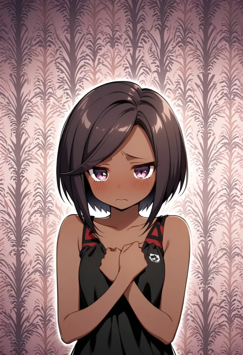 Dark-skinned girl,Shy, shy,Medusa style,short hair,黑色short hair,Natural expression,one person,wallpaper