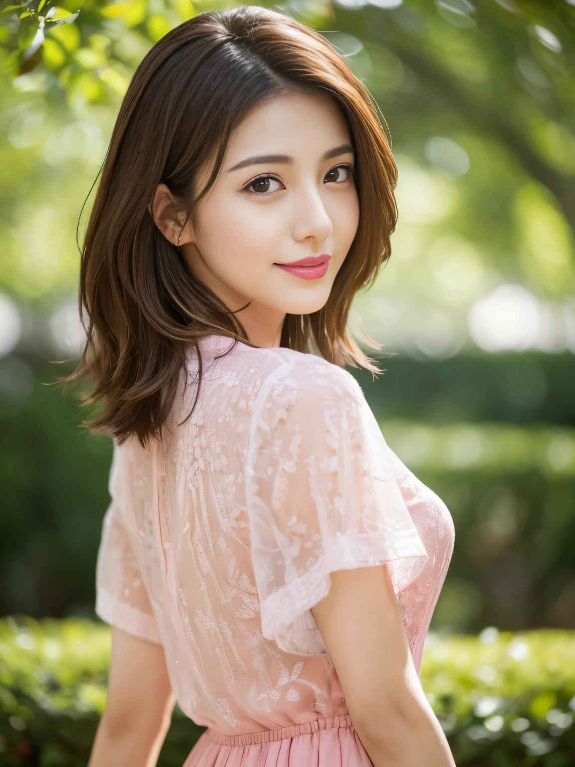 (RAW Photos), (Photo Real), (masterpiece), (Highest quality), High resolution, 8K resolution, (Intricate details), (Volumetric Light), Portraiture, woman, 30 years old, Medium Hair, Layered Hair, Brown Hair, Highly detailed eyes, Source order, Very thin eyebrows, Highly detailed skin, Highly detailed mouth, Highly detailed nose, Cute like an idol, smile, ((Pink lipstick)), ((Look at the viewers)), (An elegant and transparent red see-through short-sleeved dress), ((Randomly oriented bodies)), Green park background, West Shot,