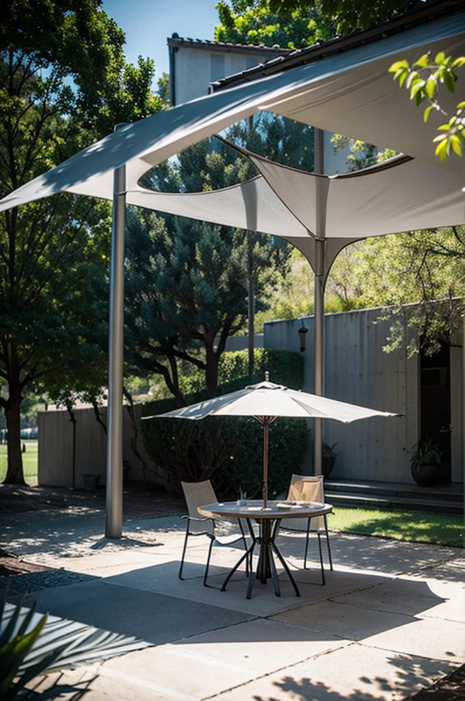 There is a table and some chairs in the center of the picture., In the shaded, In the shade, dramatic", Dramatic, Hero Shot, Perfect details, Outdoor tones, rest, “Photorealism”, lifelike", Modular, "Super reality", Surrealism", Surrealism", well In the shaded,