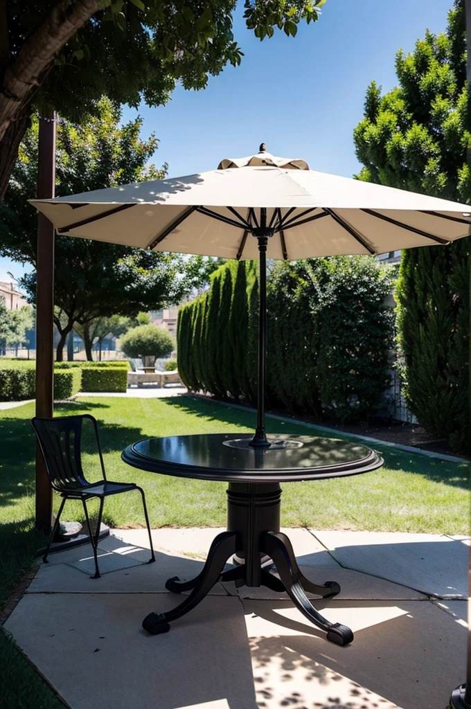 There is a table and some chairs in the center of the picture., In the shaded, In the shade, dramatic", Dramatic, Hero Shot, Perfect details, Outdoor tones, rest, “Photorealism”, lifelike", Modular, "Super reality", Surrealism", Surrealism", well In the shaded,