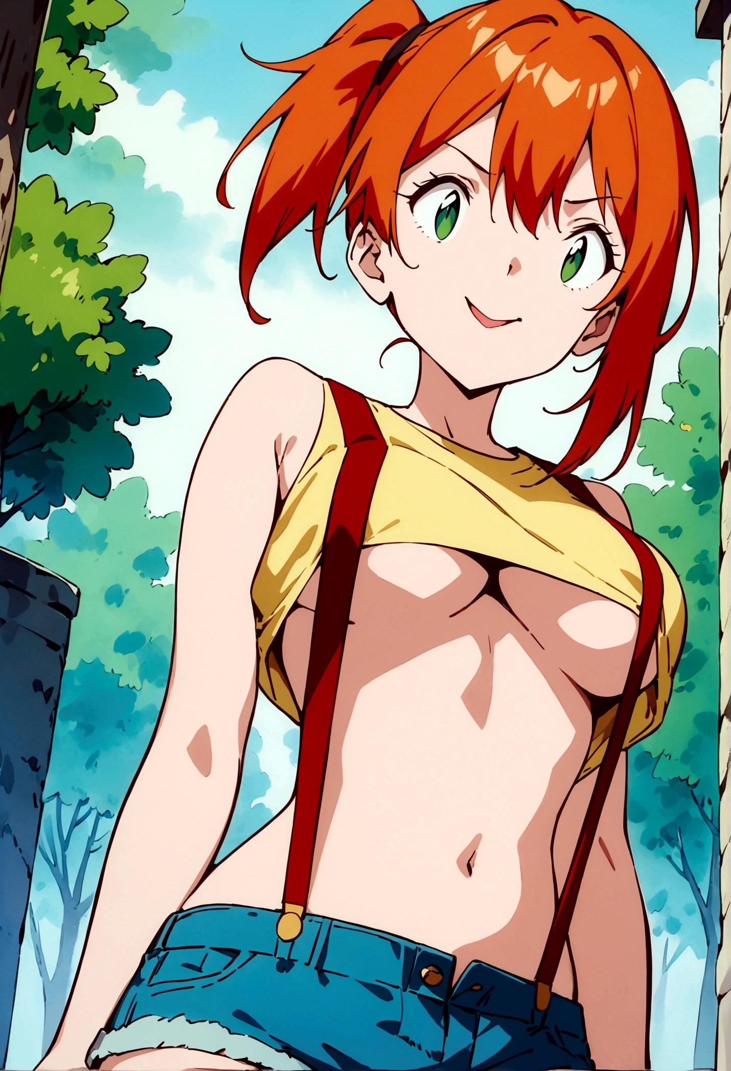 score_9,score_8, score_7_.superior,from below, (Low angle shot), (Insect's Eye).walking, masterpiece,bestquality, Highest quality, (mature), (have confidence, A character with a playful expression), , (outcome), One girl, , Foggy, alone, Outdoor, Green Eyes, Orange Hair, Side Ponytail, Yellow Shirt, Sleeveless shirt,belly button, Denim shorts, suspenders, (A playful and mischievous look, Captivating look, Seductive expressions),(under_boob),superfineillustration,(ai-generated:0.5),(absurdres),(shirt pull)