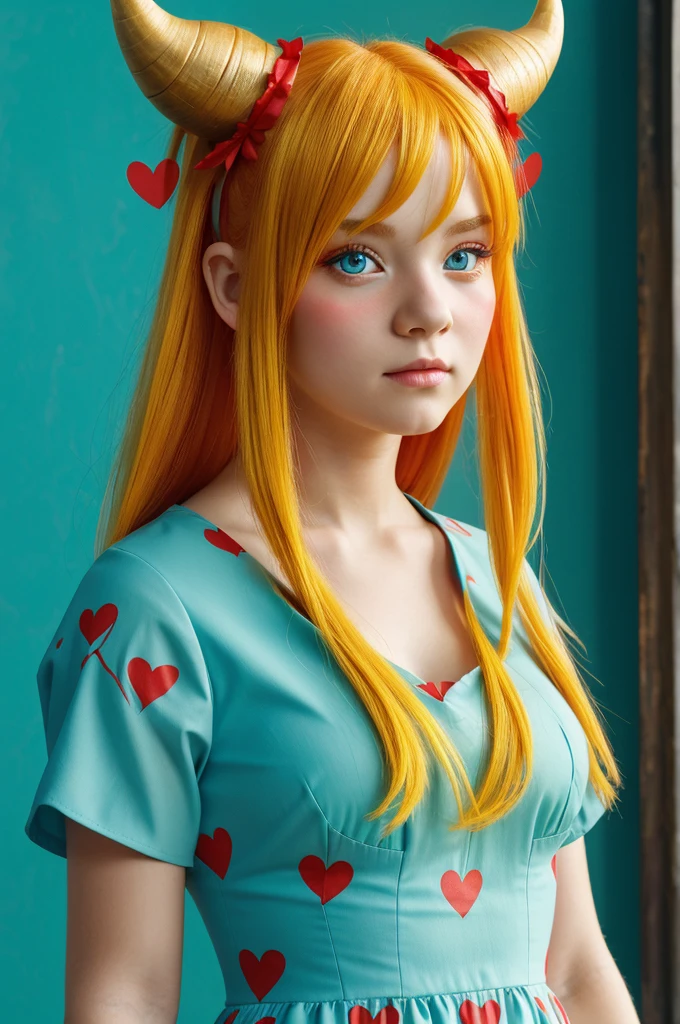 Masterpiece, 1 girl, avatar, beautiful, spectator looking, Yellow hair, red hair band, red horns, detailed face, hearts on cheeks , simple background, wallpaper, ((Cyan dress))