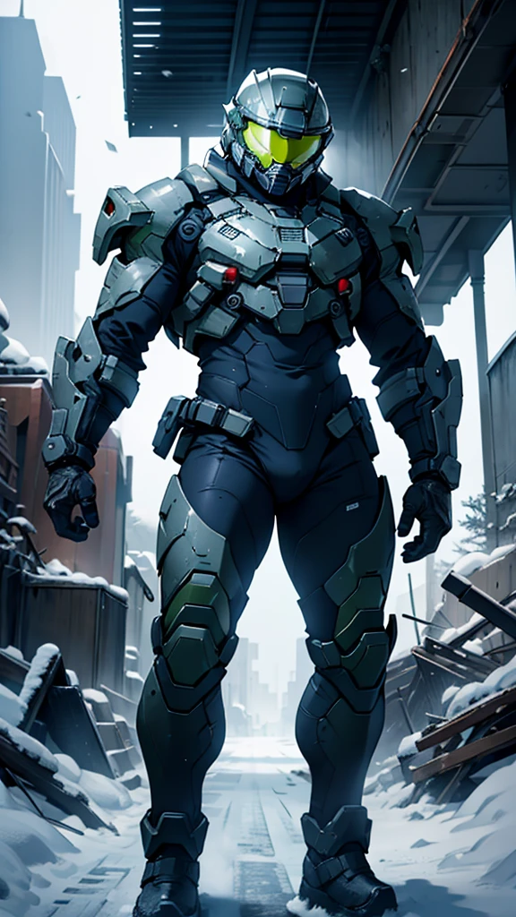 1 person，Full body black tight armor suit，Detailed Master Chief helmet，male，Heavy snow all around，ruins，End of the World