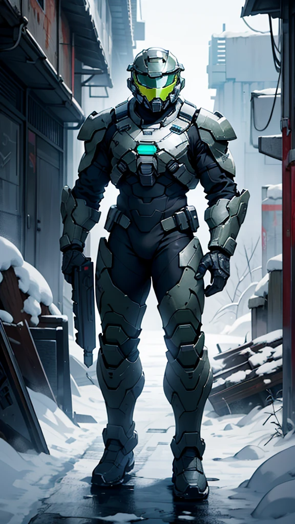 1 person，Full body black tight armor suit，Detailed Master Chief helmet，male，Heavy snow all around，ruins，End of the World