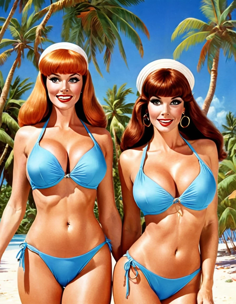 Ginger and Mary Ann from Gilligan's Island wearing string bikinis on a tropical island. Palm trees and clear blue skies.