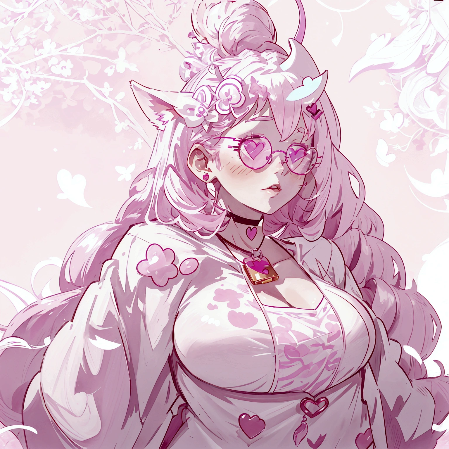 "IMVU, pink hair, pink heart eyes, white round glasses, pale skin, white and pink cow ears, white horns with pink bows, fuzzy white jacket with pink spots, pink cowbell choker, kawaii, soft, high quality, masterpiece, 8k, large breasts, showing cleavage