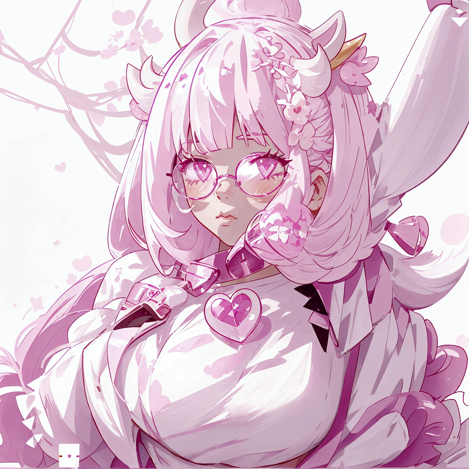 "IMVU, pink hair, pink heart eyes, white round glasses, pale skin, white and pink cow ears, white horns with pink bows, fuzzy white jacket with pink spots, pink cowbell choker, kawaii, soft, high quality, masterpiece, 8k, large breasts, showing cleavage