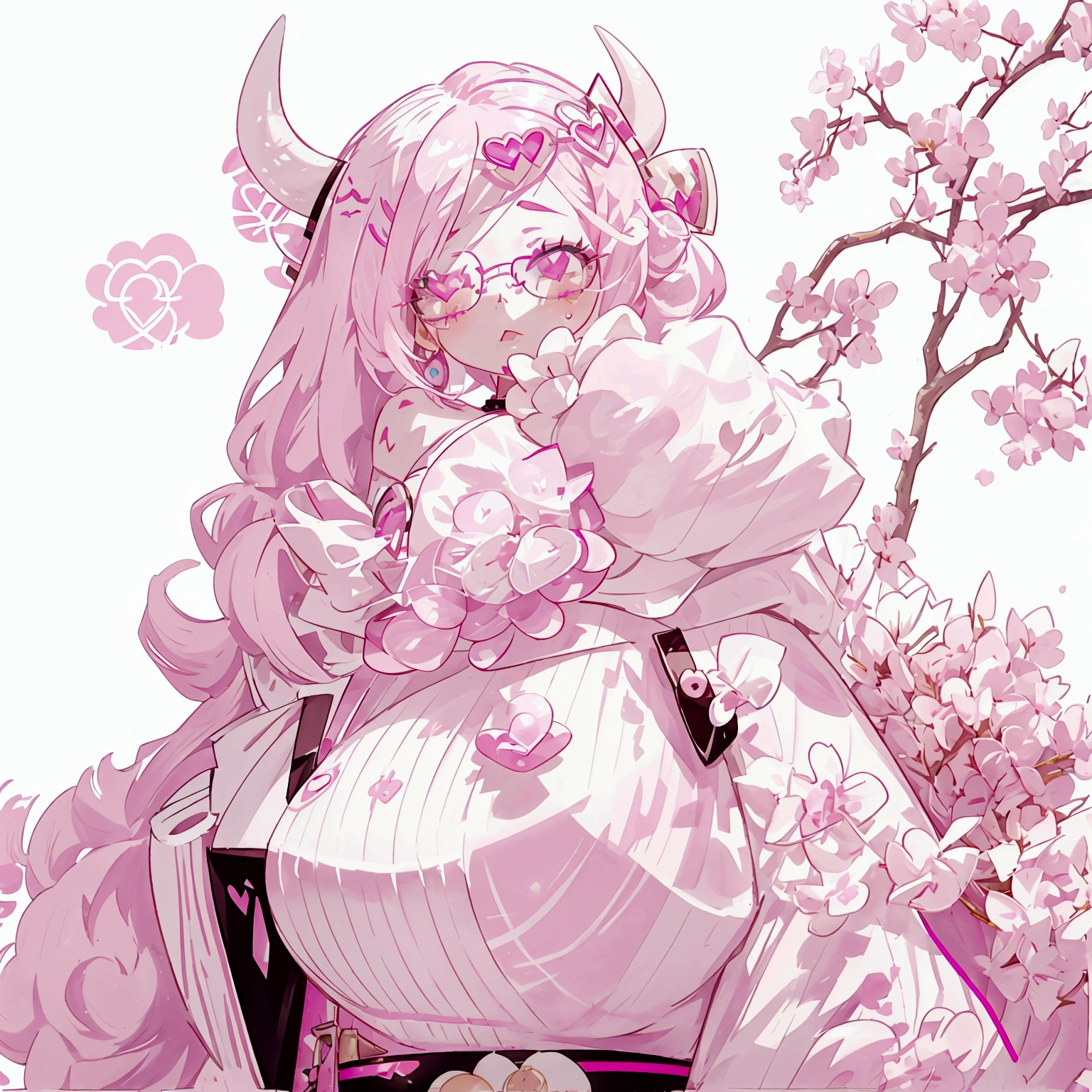 "IMVU, pink hair, pink heart eyes, white round glasses, pale skin, white and pink cow ears, white horns with pink bows, fuzzy white jacket with pink spots, pink cowbell choker, kawaii, soft, high quality, masterpiece, 8k, large breasts, showing cleavage