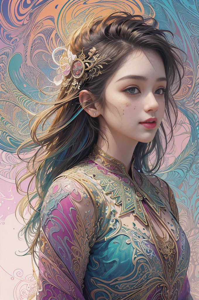(masterpiece, top quality, best quality, official art, beautiful and aesthetic:1.2), (1girl:1.3), extremely detailed,(fractal art:1.2),colorful,highest detailed,(zentangle:1.2), (dynamic pose), (abstract background:1.5), (treditional dress:1.2), (shiny skin), (many colors:1.4), upper body, smile