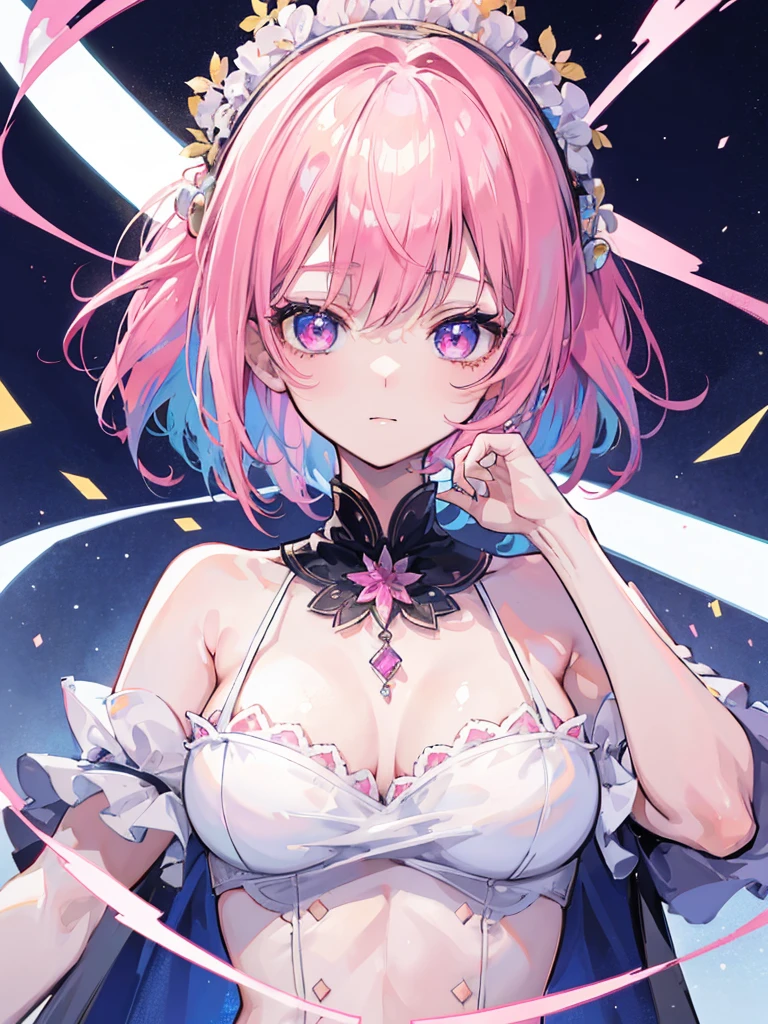 1girl, portrait, (loli), anime  with short pink hair wearing maid outfit, pink hair with few pieces of blue hair, pink eyes, close up face, detailed eyes, detailed hair, emotional lovely happy expression, crystal glowing eyes, cinematic lighting, extremely detailed body, face, clothes, (best quality,4k,8k,highres,masterpiece:1.2),ultra HD, masterpiece, very very anime style, bokeh, starry shining lighting, original characters,  with no boobs.