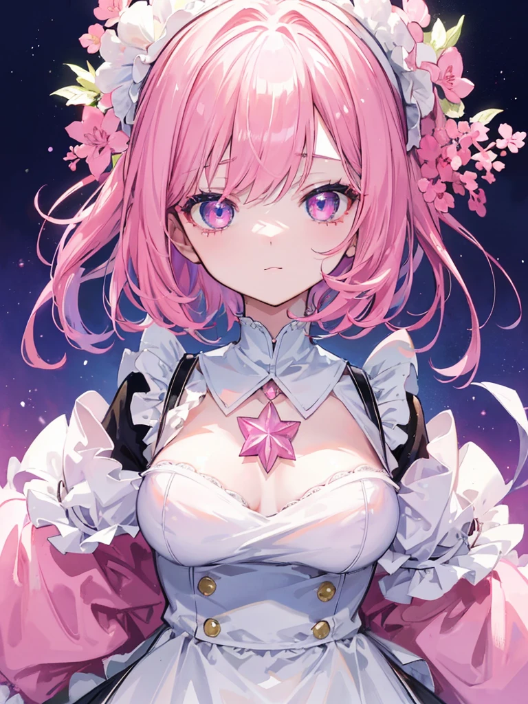 1girl, portrait, (), anime with short pink hair wearing maid outfit, pink hair with few pieces of blue hair, pink eyes, close up face, detailed eyes, detailed hair, emotional lovely happy expression, crystal glowing eyes, cinematic lighting, extremely detailed body, face, clothes, (best quality,4k,8k,highres,masterpiece:1.2),ultra HD, masterpiece, very very anime style, bokeh, starry shining lighting, original characters, with no boobs.