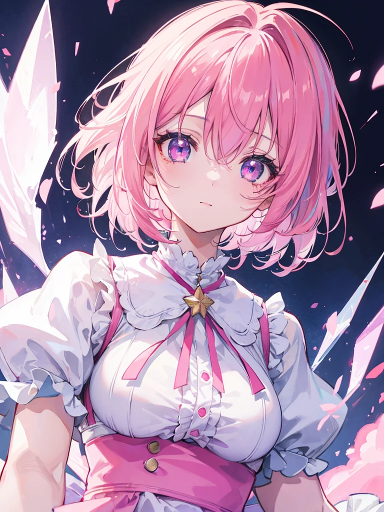 1girl, portrait, (loli), anime  with short pink hair wearing maid outfit, pink hair with few pieces of blue hair, pink eyes, close up face, detailed eyes, detailed hair, emotional lovely happy expression, crystal glowing eyes, cinematic lighting, extremely detailed body, face, clothes, (best quality,4k,8k,highres,masterpiece:1.2),ultra HD, masterpiece, very very anime style, bokeh, starry shining lighting, original characters,  with no boobs.
