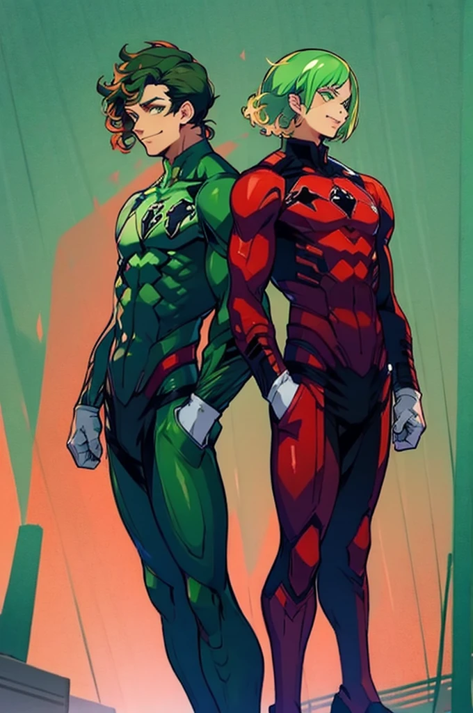 dark green hair, green eyes, smiling, curly hair, mature male, lean build, white shirt, short length hair, on the street, arms in pockets, red and black hero suit