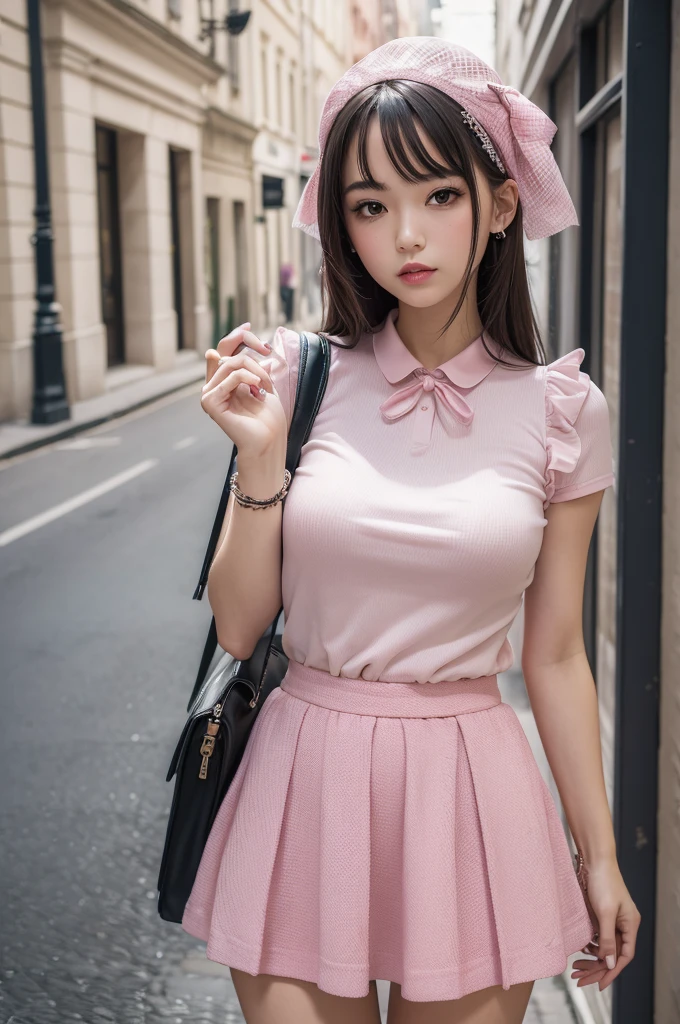 ((best qualityer)), ((work of art)), (detailded), 1 girl, a pink skirt, fishnet stocking 