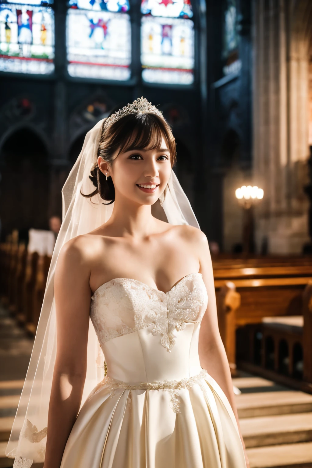((Tabletop:1.4, Highest quality)), (Realistic photos:1.4),
((1 Girl)), (Super Beauty), (Princess),
(超High resolution:1.2), Very delicate and beautiful, wonderful, Very detailed CG Unity 8k 壁紙, Very detailed, High resolution,
Soft Light, Beautiful detailed girl, Very detailed目と顔, Beautiful and detailed nose, Beautiful and detailed,
(Wearing a wedding dress:1.3),
Cinema Lighting, Perfect Anatomy, Slender body,Long legs , (Parted bangs),
(Inside the church:1.3), (ステンドグラスの光がInside the churchに当たっている), (Striking a seductive pose:1.3)
, Looking at the audience, smile,Full body photo,A little bit of her legs are showing through her wedding dress
