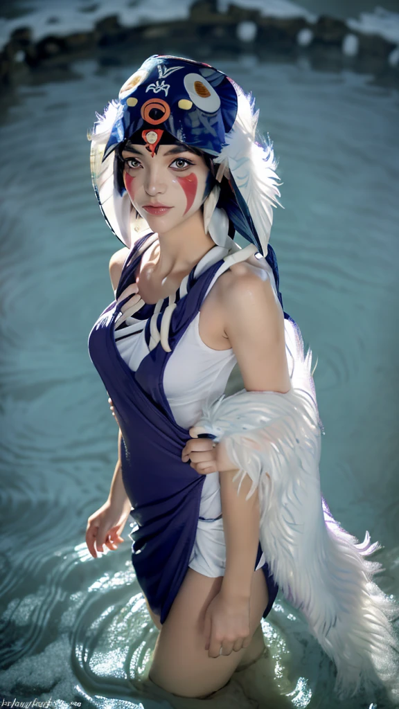 [Uploaded to e621.net; (Pixelsketcher), (wamudraws)], ((masterpiece)), ((HD)), ((High res)), ((Ambient lighting)), medium breasts, ((((studio ghibly style mononoke)))), (((Princess Mononoke))), big thighs, large ass, black bra, black panties, solo, full body, tail, smiling, countershading, (best quality, masterpiece:1), standing, purple eyes, looking at viewer, (((snowy hot springs))), ((((In the water))))